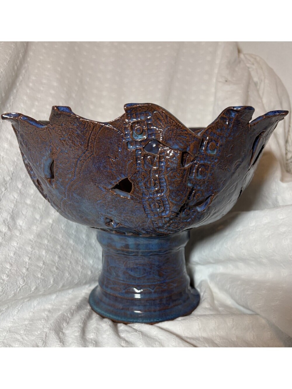 Vintage Brutalist Style Pottery Trippy Purple-blue Pedestal Bowl Unique Chip